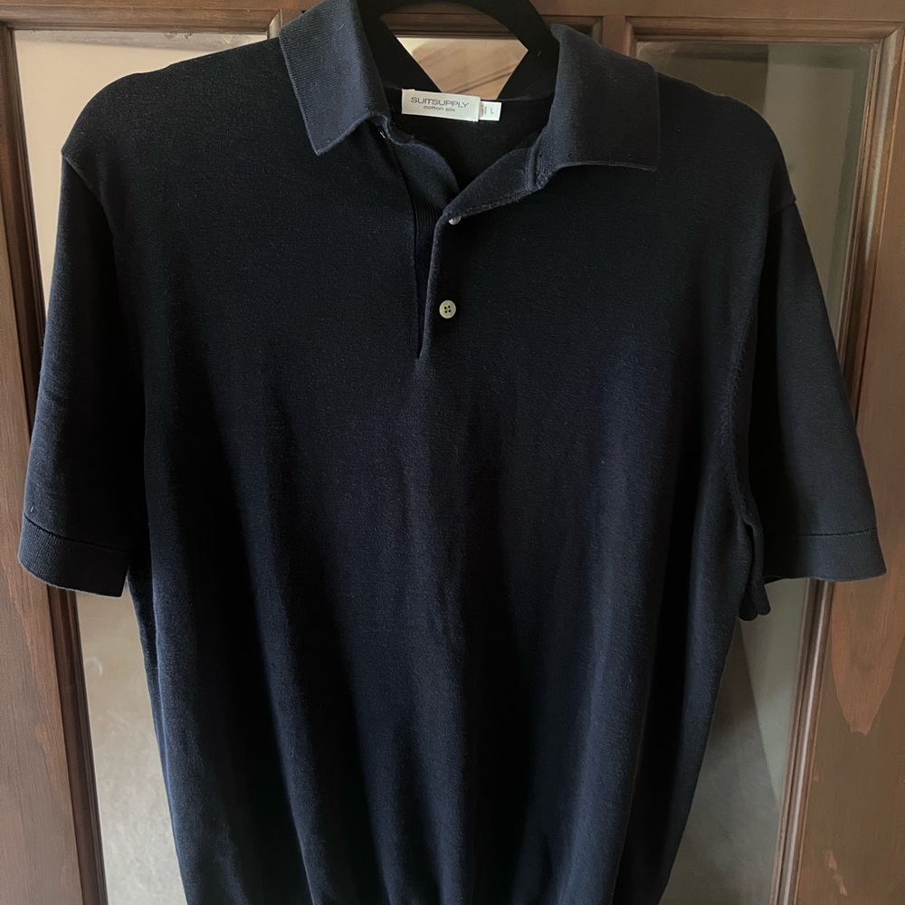 SUITSUPPLY Cotton Silk Men’s Large L Short Sleeve Polo Shirt Navy Blue Luxury